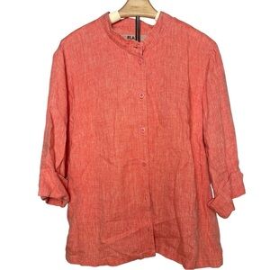 FLAX | Mandarin Collar Button Down Lightweight Shirt Orange Red Lagenlook